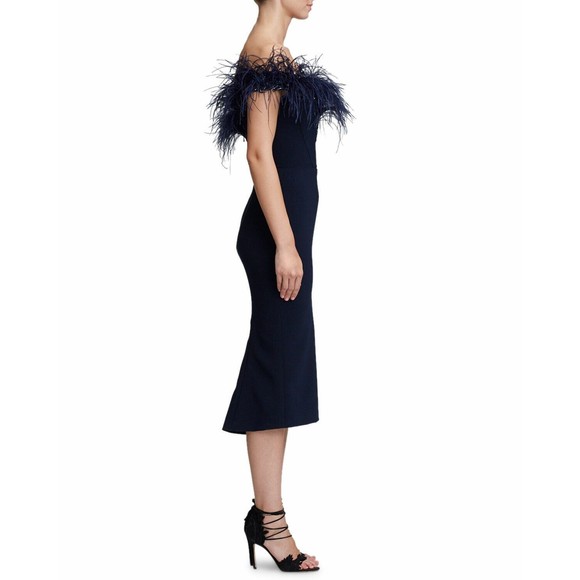 MARCHESA Navy Blue Ostrich Feather Beaded Off Shoulder Fluted Hem Dress 8 M NEW - Picture 9 of 12